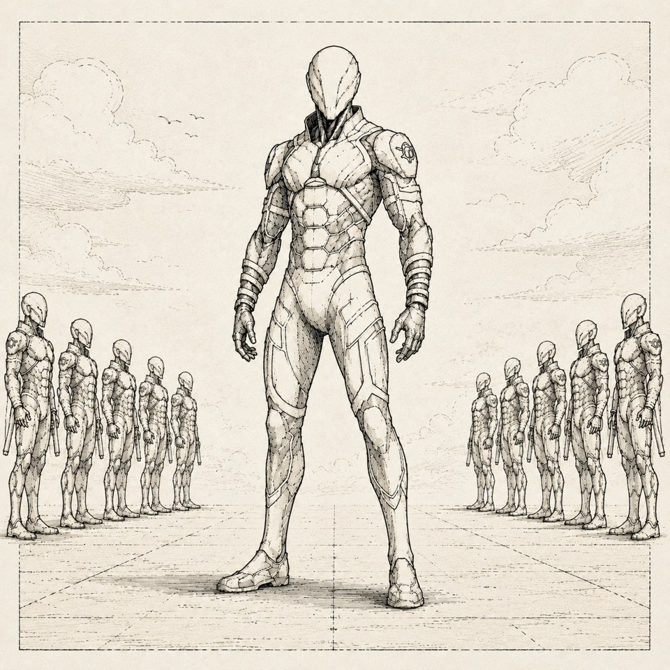 A graphite sketch of an armored figure standing between two rows of smaller figures