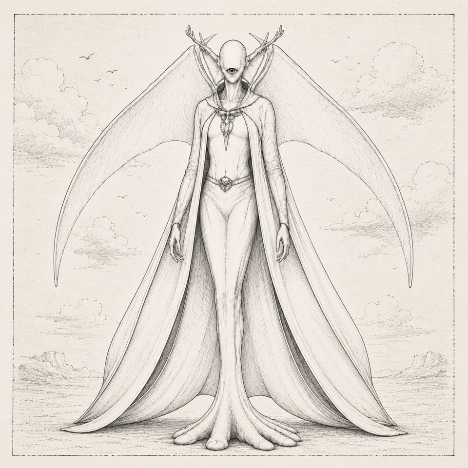 A graphite sketch of a robed figure with sweeping wings and a horned head