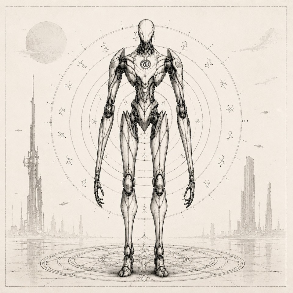 A graphite sketch of a slender mechanical figure inside a circular diagram