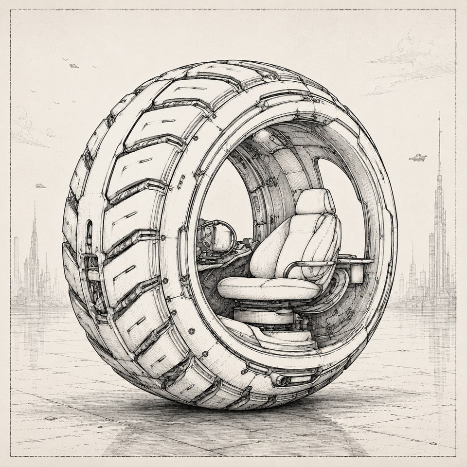 A graphite sketch of a seated figure within a large single-wheel vehicle