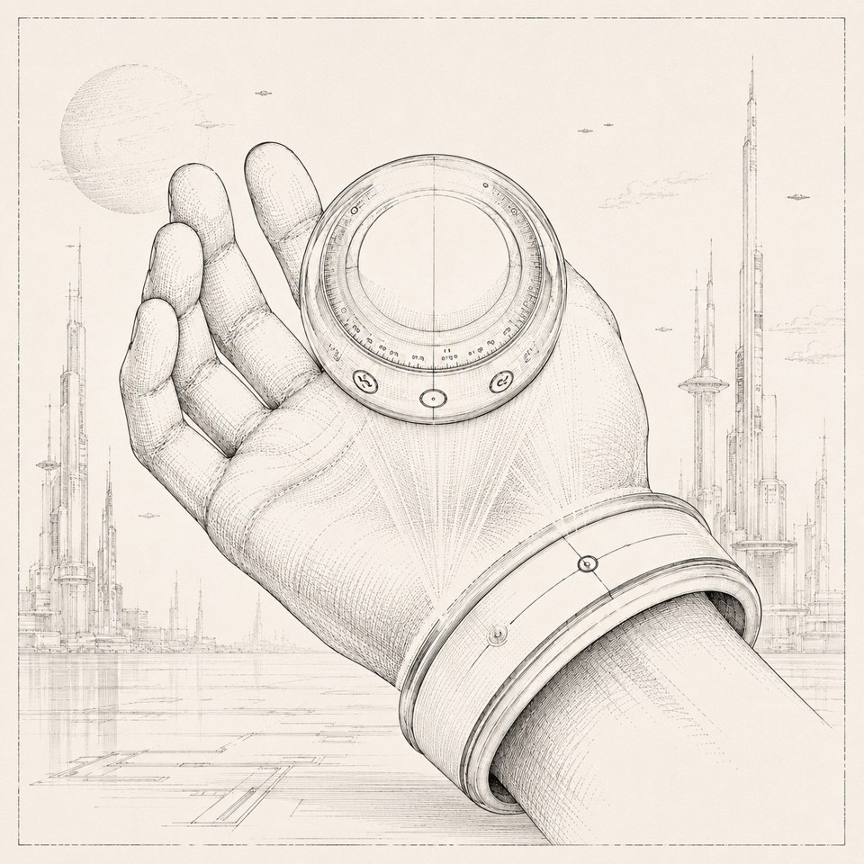 A graphite sketch of a gloved hand holding a circular technological device