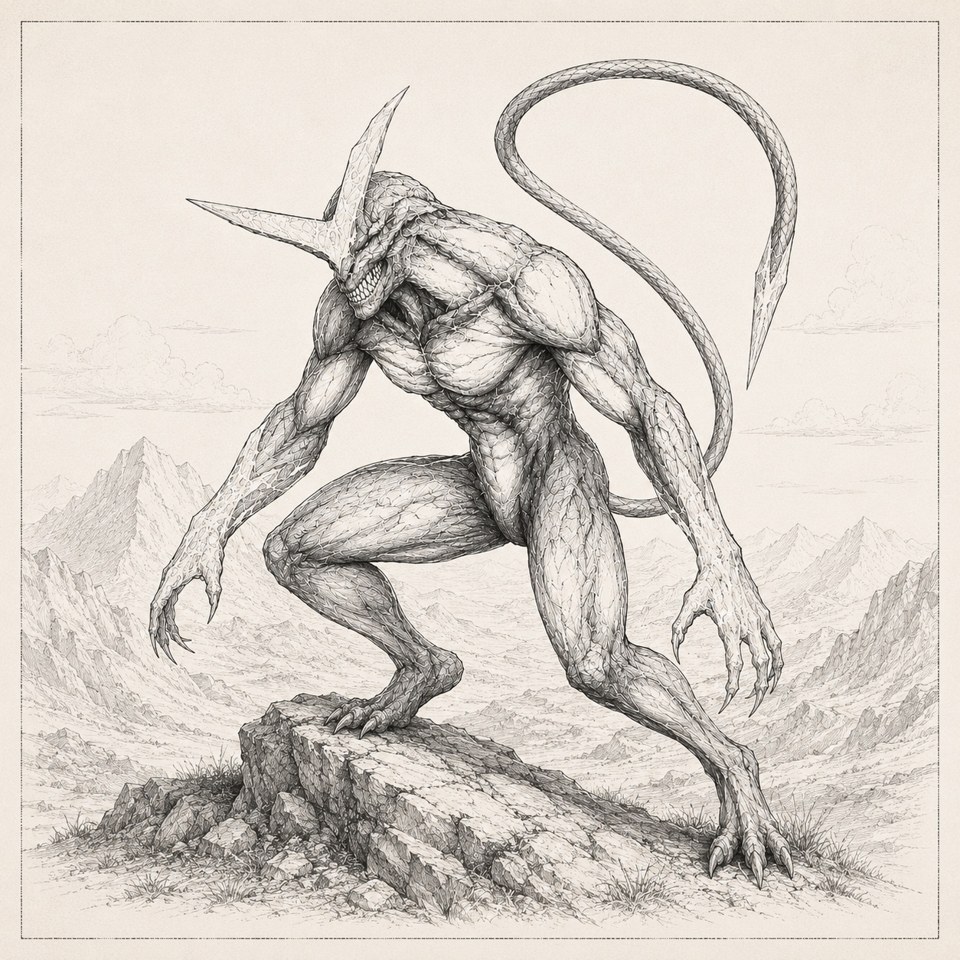 A graphite sketch of a muscular crouching creature with pointed ears and a curling tail