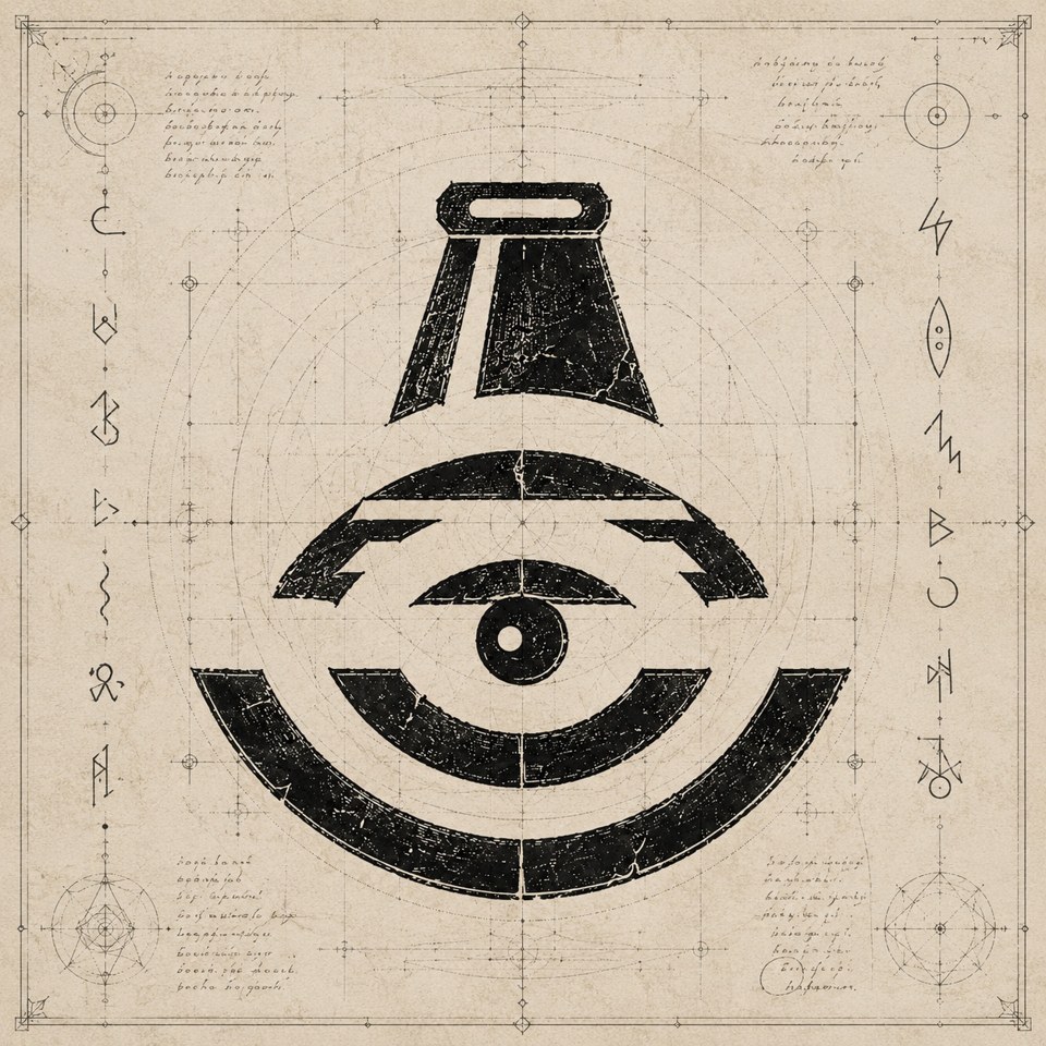 A dark geometric eye sigil surrounded by handwritten diagram notes