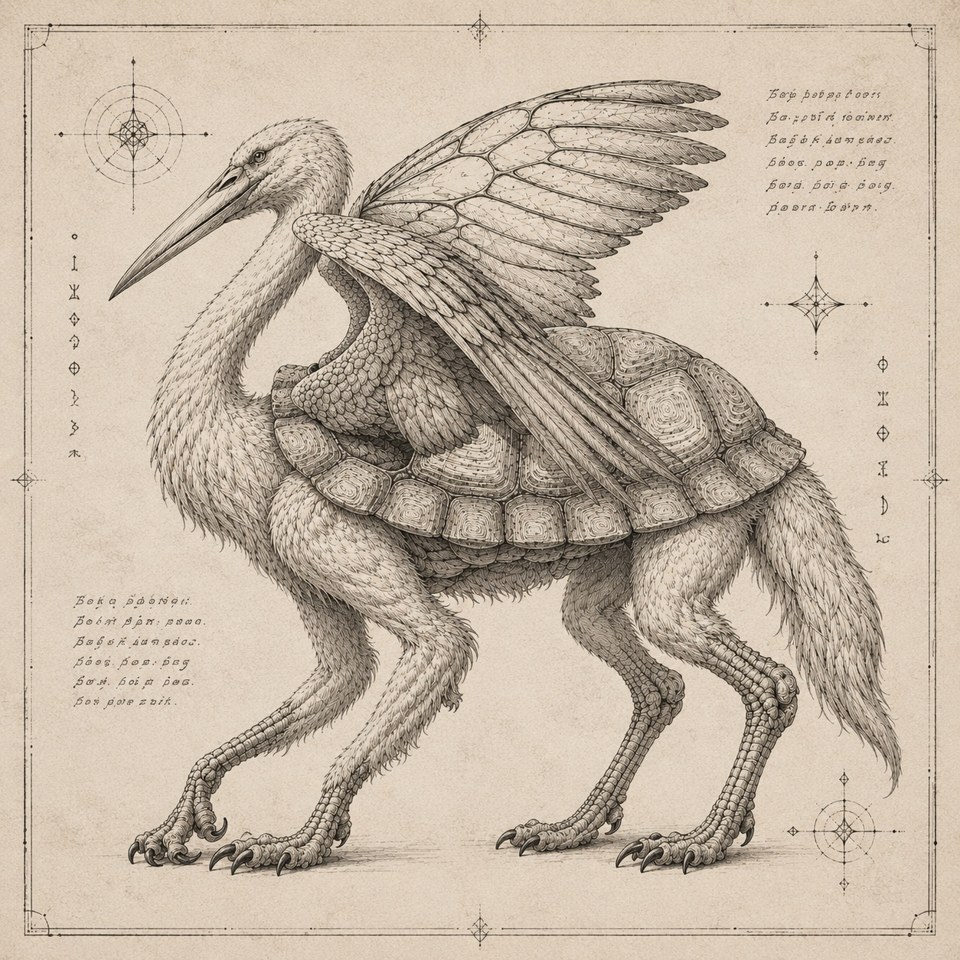 A graphite study of a long-beaked winged creature with a segmented body and long legs