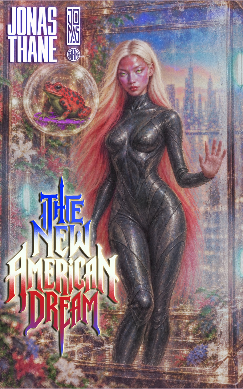 The New American Dream cover featuring a blonde woman with iridescent red and blue skin, a black suit, and a suspended frog